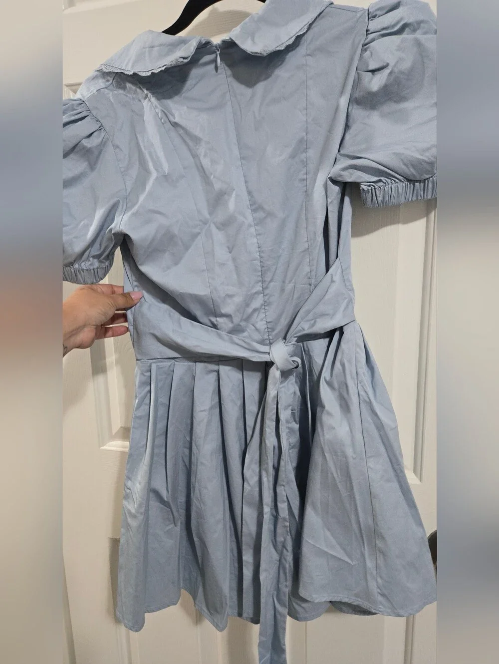 Anthropologie Tabitha Light Blue Puff-Sleeve V-Neck Pleated Mini Dress Peter Pan - Picture 4 of 6